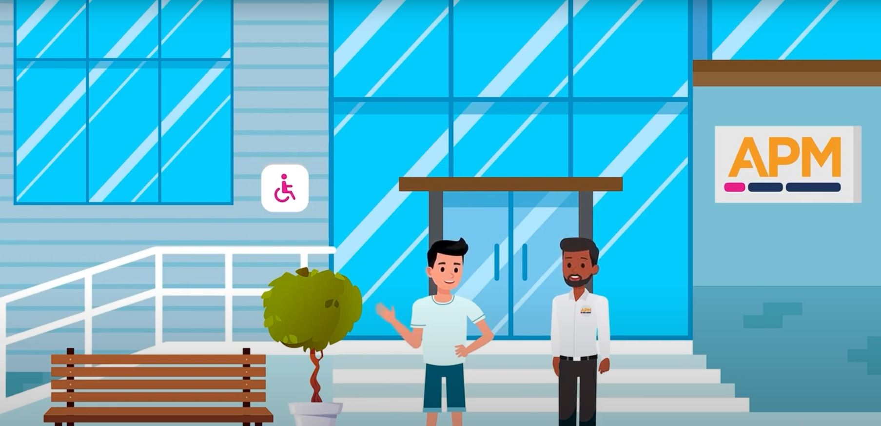 Animated image of two people outside an APM branch